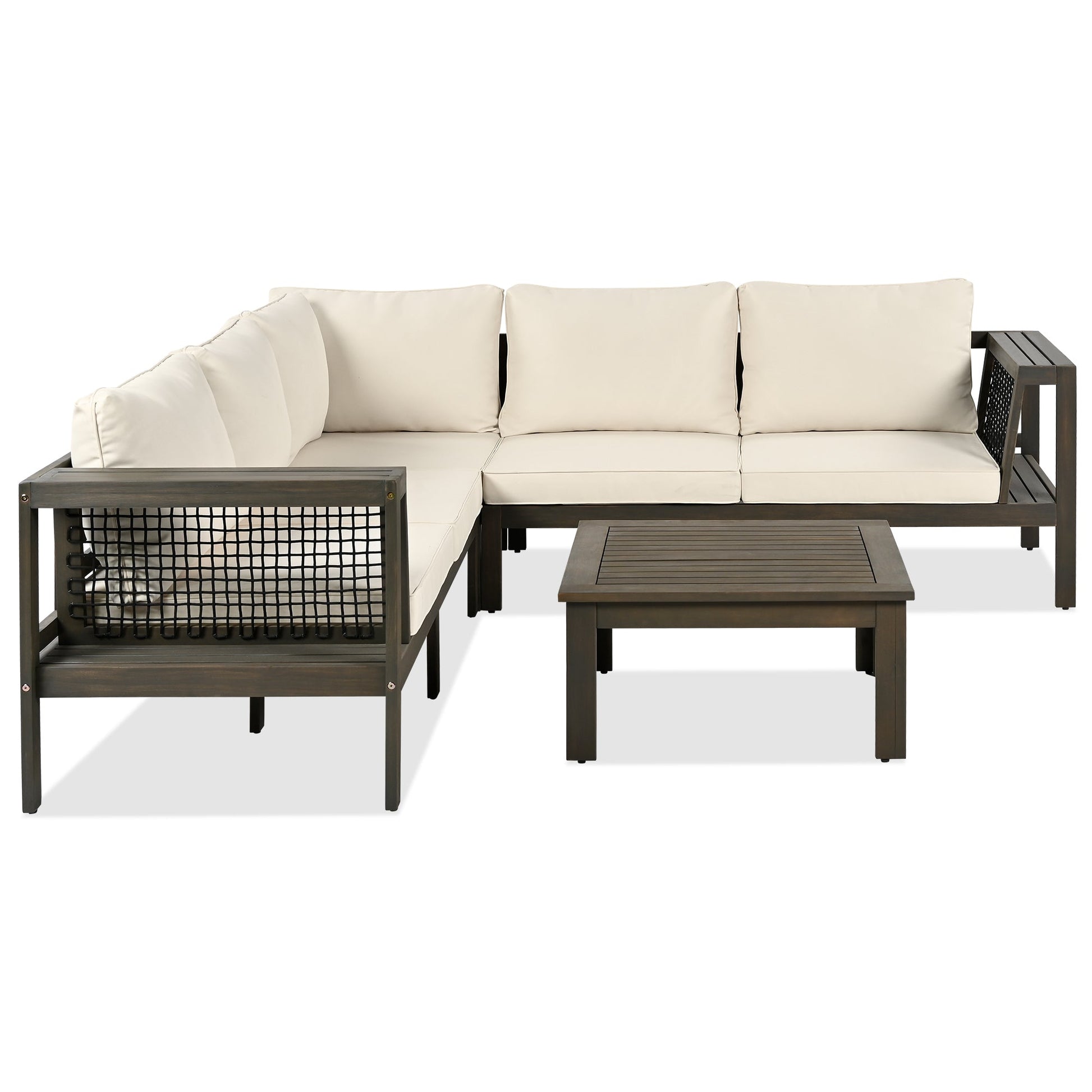 4 Pieces Outdoor Acacia Wood Sofa Set, Woven Mesh Armrests, L-Shaped - Festival Furnish
