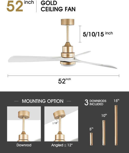 White and Gold Ceiling Fans with Lights Remote Control, 52 Inch Modern - Festival Furnish