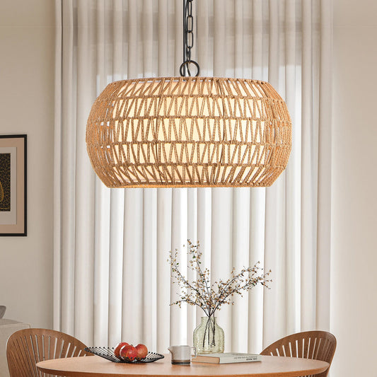 Farmhouse Pendant Light with Adjustable Height, Boho Woven Jute Rope