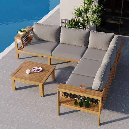 4 Pieces Outdoor Acacia Wood Sofa Set, Woven Mesh Armrests, L-Shaped - Festival Furnish