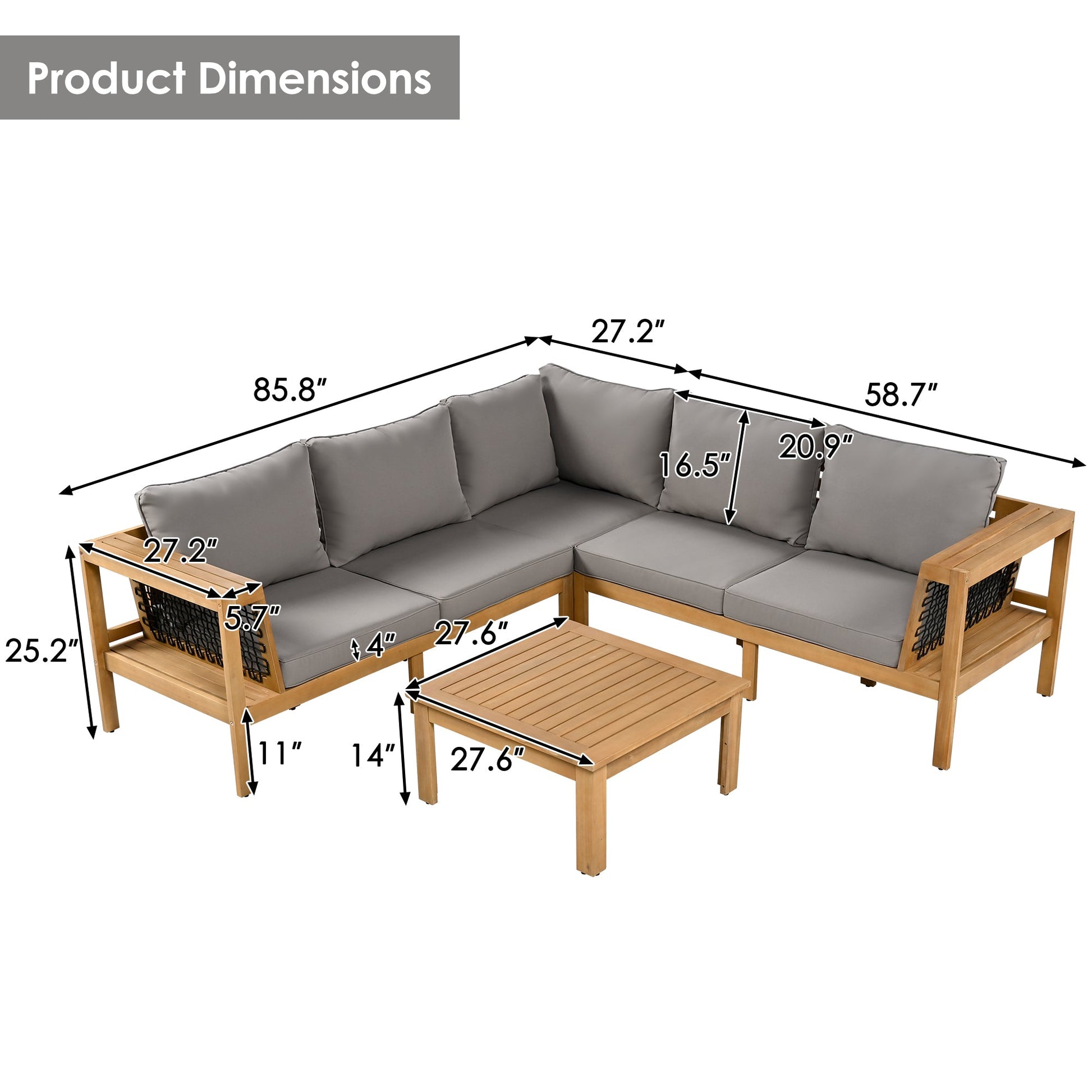 4 Pieces Outdoor Acacia Wood Sofa Set, Woven Mesh Armrests, L-Shaped - Festival Furnish