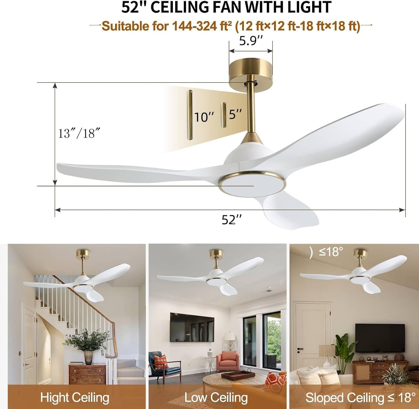 52 Inch 6 Speed High CFM Quiet DC Motor Modern Ceiling Fan with Lights