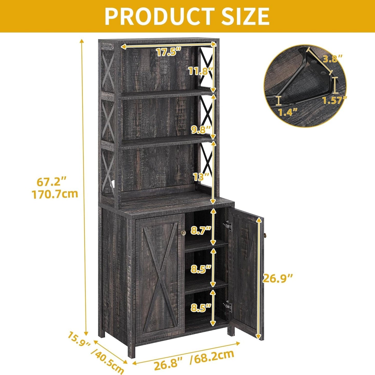 67" Tall Wine Bar Cabinet for Liquor and Glasses, Farmhouse Kitchen - Festival Furnish