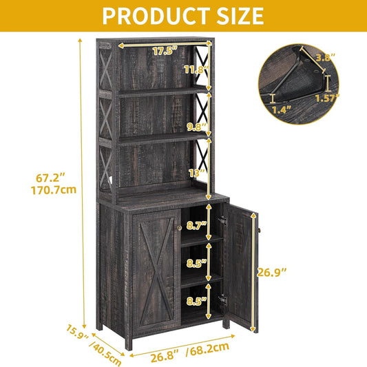 67" Tall Wine Bar Cabinet for Liquor and Glasses, Farmhouse Kitchen - Festival Furnish