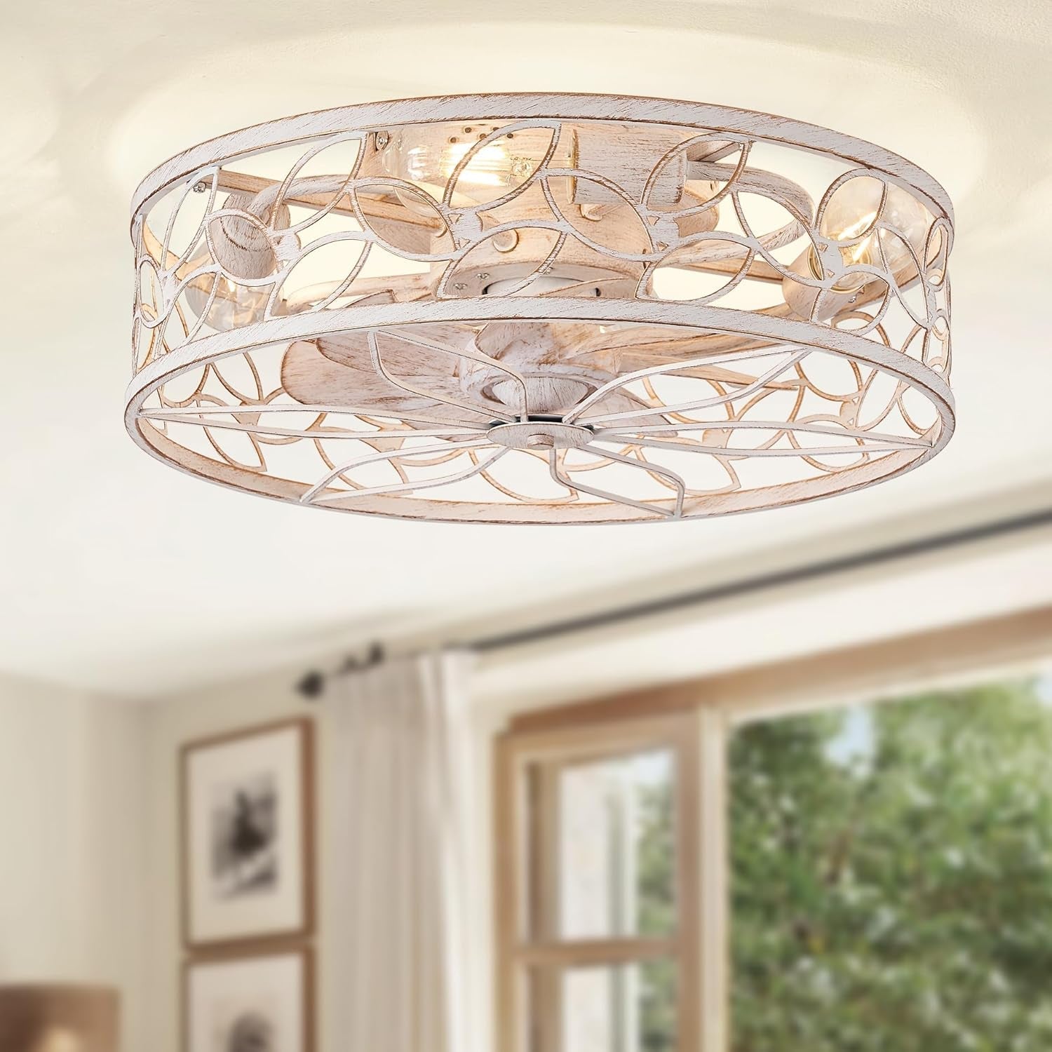 Caged Ceiling Fans with Lights, White Flush Mount Ceiling Fan with - Festival Furnish