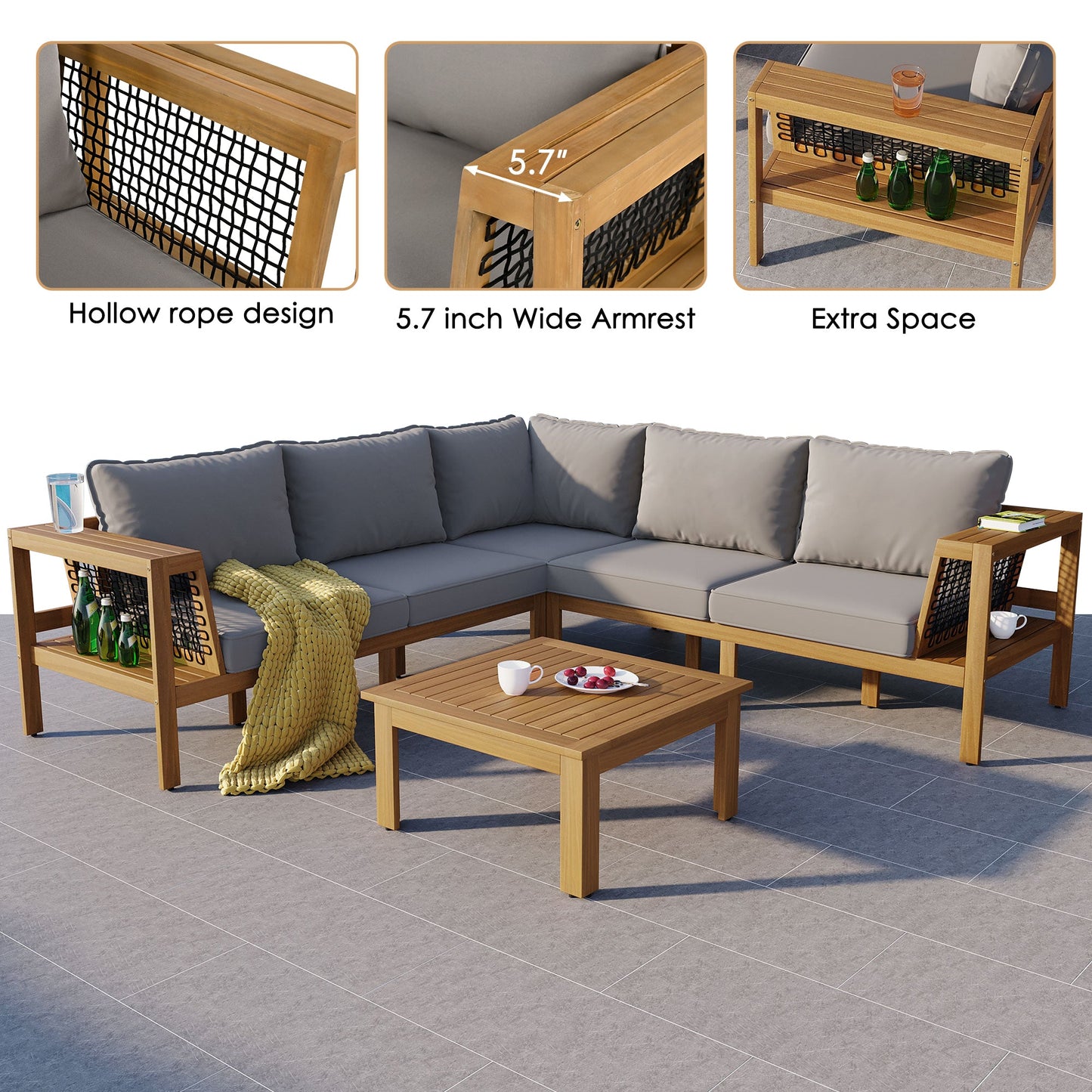 4 Pieces Outdoor Acacia Wood Sofa Set, Woven Mesh Armrests, L-Shaped - Festival Furnish