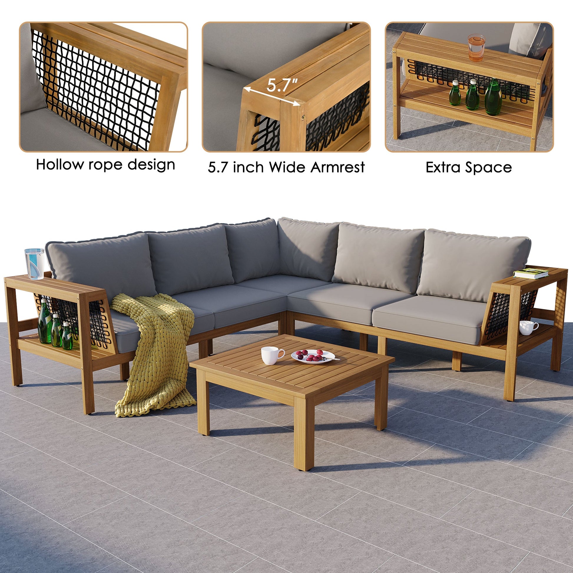 4 Pieces Outdoor Acacia Wood Sofa Set, Woven Mesh Armrests, L-Shaped - Festival Furnish