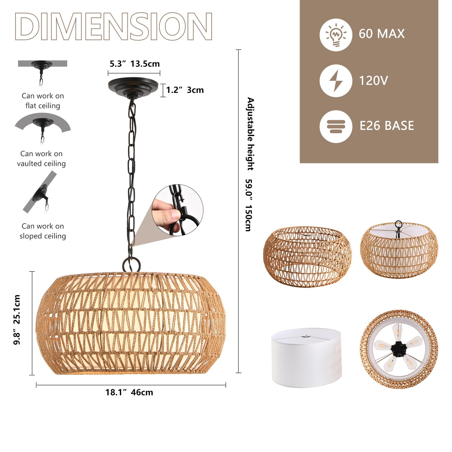 Farmhouse Pendant Light with Adjustable Height, Boho Woven Jute Rope