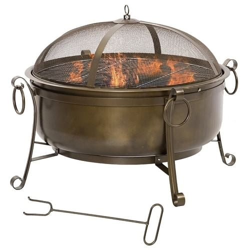 Large Wood Burning Fire Pit Cauldron Style Steel Bowl w/ BBQ Grill,