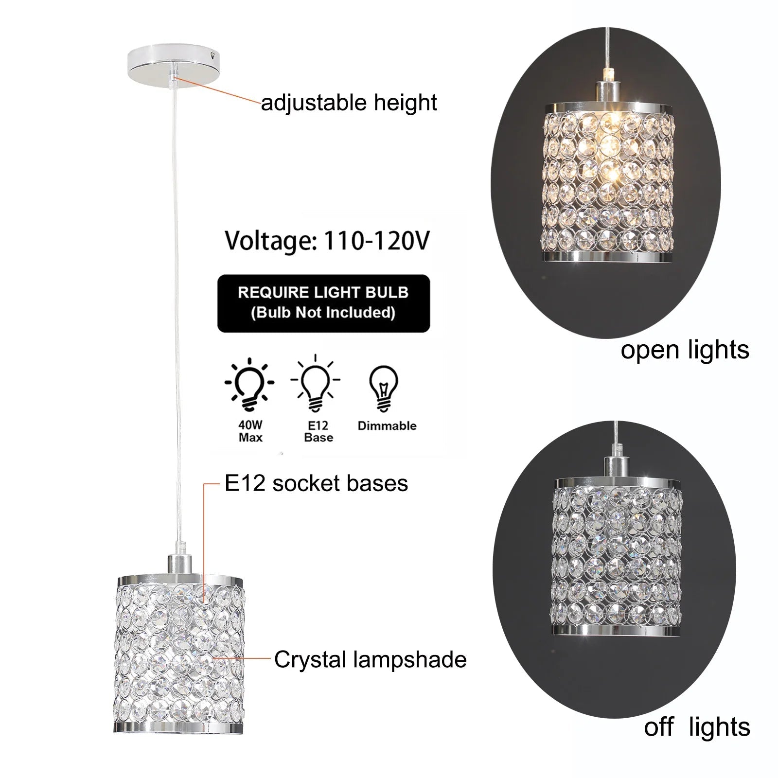 Crystal Pendant Light Modern Kitchen Island Lighting Adjustable White - Festival Furnish