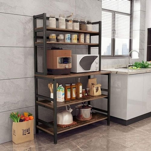 Industrial Modern Kitchen Bakers Rack Brown Woodgrain Sturdy Metal - Festival Furnish