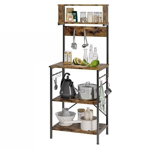 Industrial Modern Kitchen Metal Wood Shelf Bakers Rack Microwave Stand - Festival Furnish