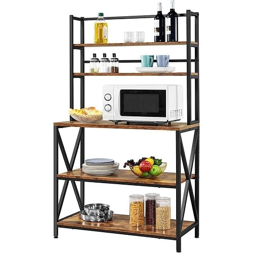 Modern Industrial Metal Wood Bakers Rack Kitchen Storage Shelf - Festival Furnish