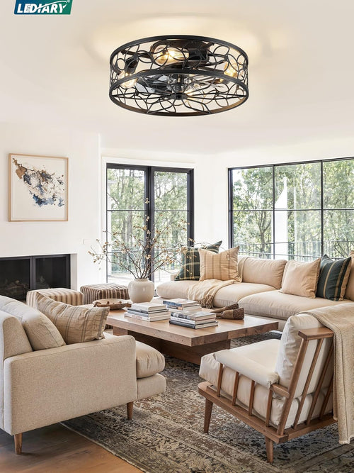 Caged Ceiling Fans with Lights, Black Flush Mount Ceiling Fan with