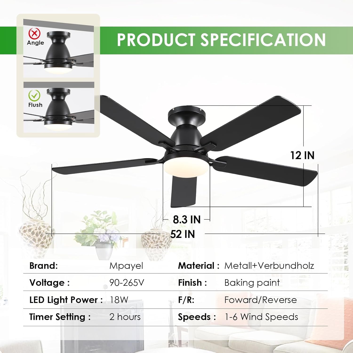 Ceiling Fans with Lights- 52" Low Profile Indoor Ceiling Fan with - Festival Furnish