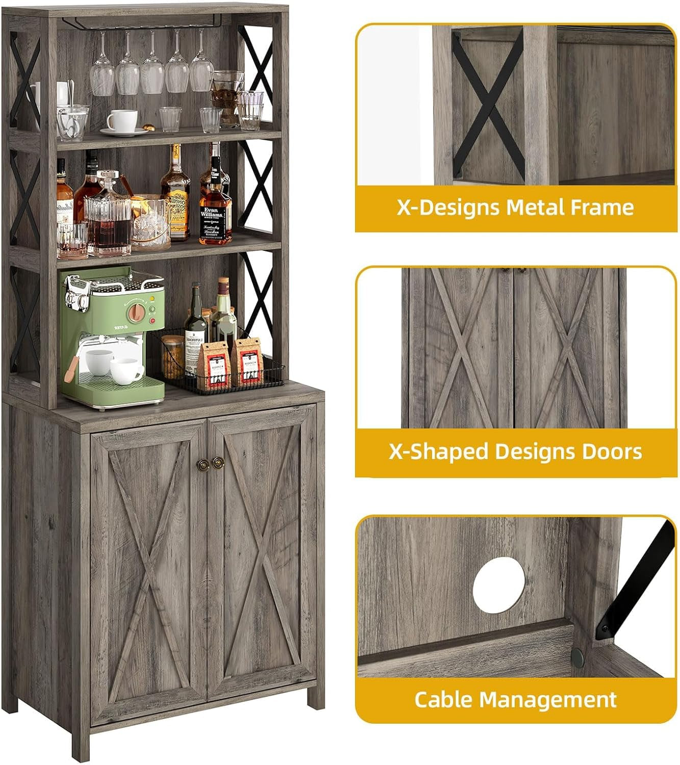 67" Tall Wine Bar Cabinet for Liquor and Glasses, Farmhouse Kitchen - Festival Furnish
