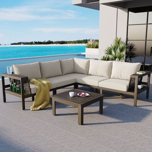 4 Pieces Outdoor Acacia Wood Sofa Set, Woven Mesh Armrests, L-Shaped - Festival Furnish