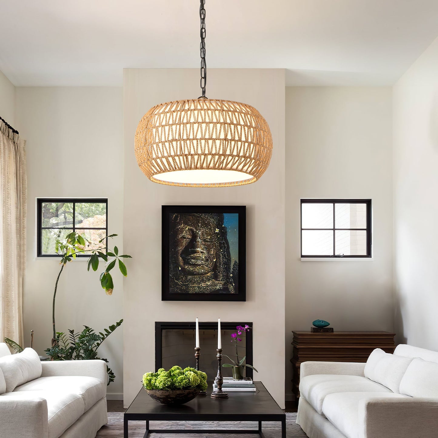 Farmhouse Pendant Light with Adjustable Height, Boho Woven Jute Rope
