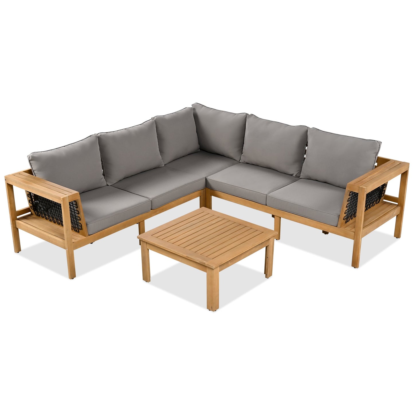4 Pieces Outdoor Acacia Wood Sofa Set, Woven Mesh Armrests, L-Shaped - Festival Furnish