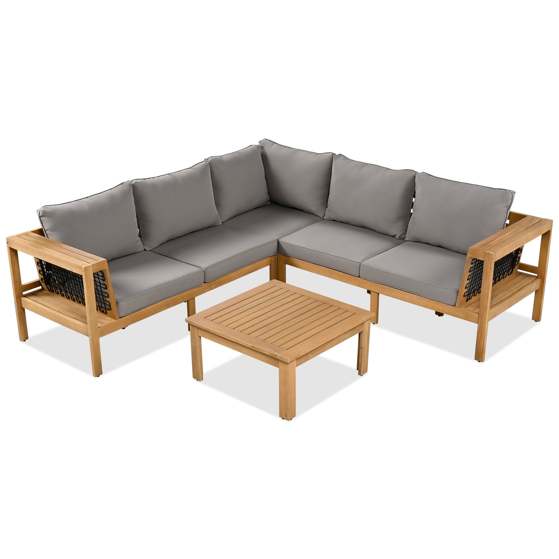 4 Pieces Outdoor Acacia Wood Sofa Set, Woven Mesh Armrests, L-Shaped - Festival Furnish