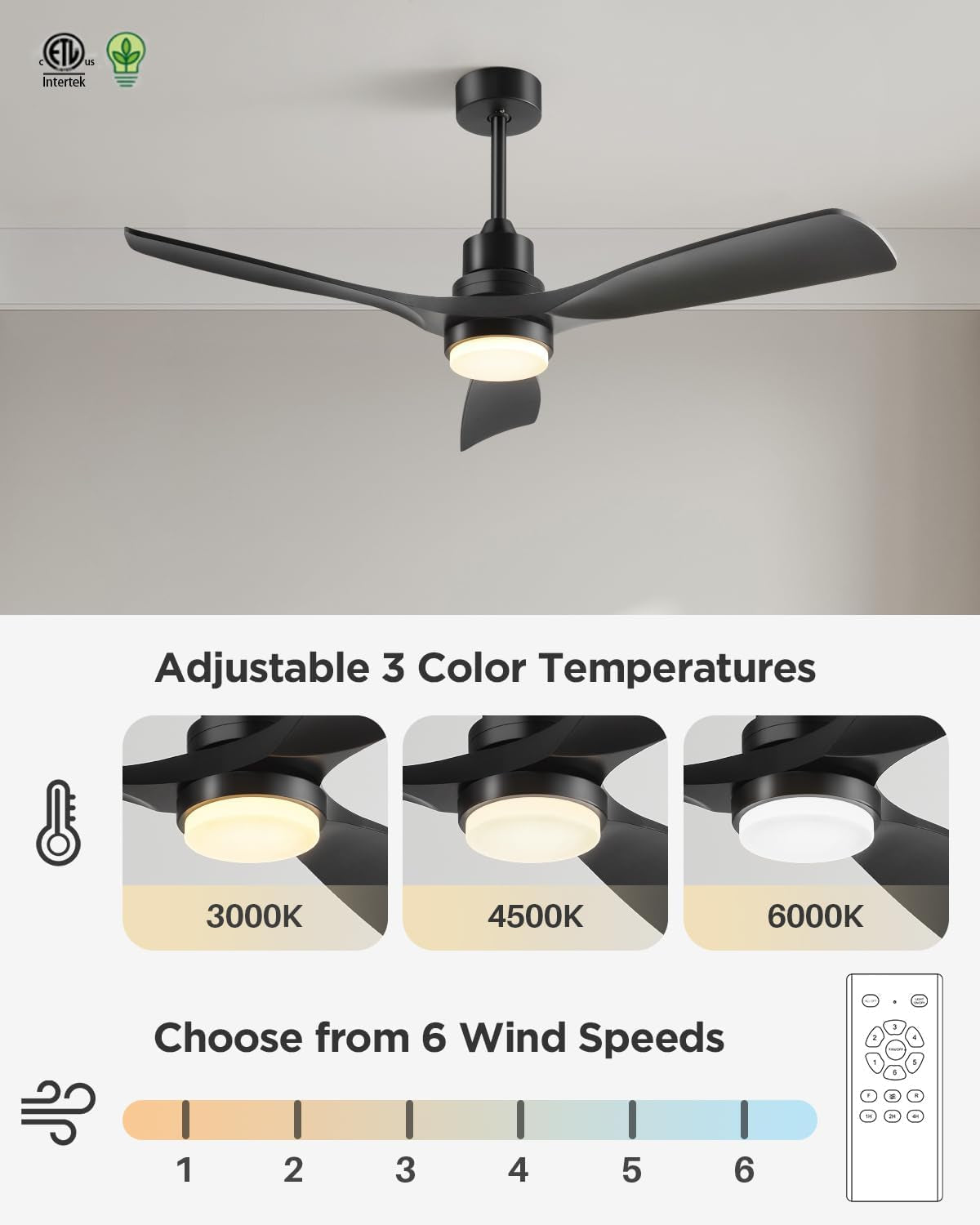 Ceiling Fan with Lights Remote Control, 52 Inch Black Ceiling Fans