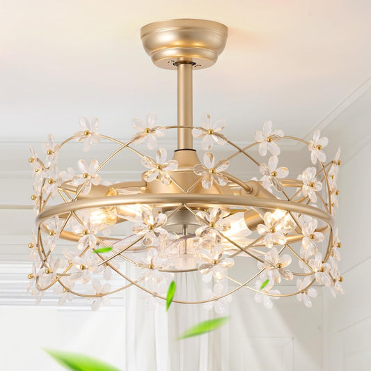 20 Inch Gold Caged Ceiling Fan with Light, Flower Chandelier Ceiling - Festival Furnish