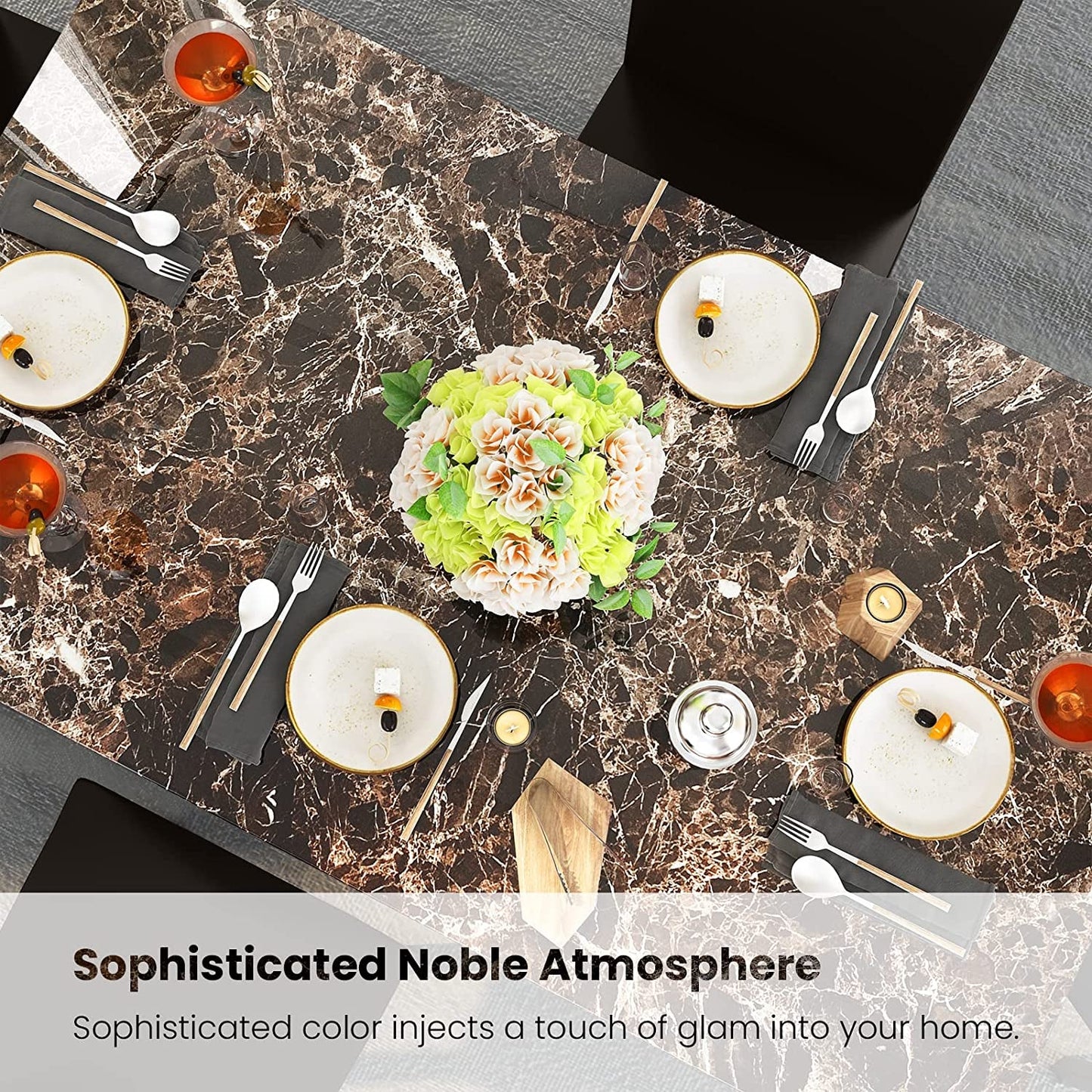 Faux Marble Dining Set, Small Spaces Kitchen, Black - Festival Furnish