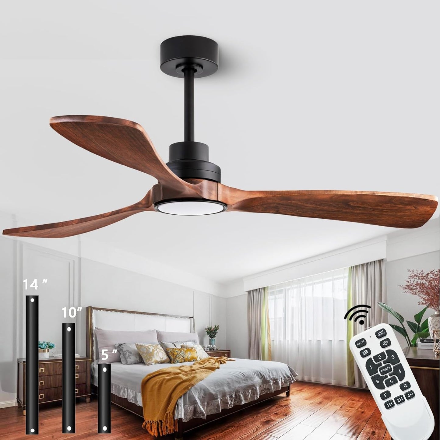 52" Wood Ceiling Fan, (With Light with Remote Control) with 3 Solid - Festival Furnish