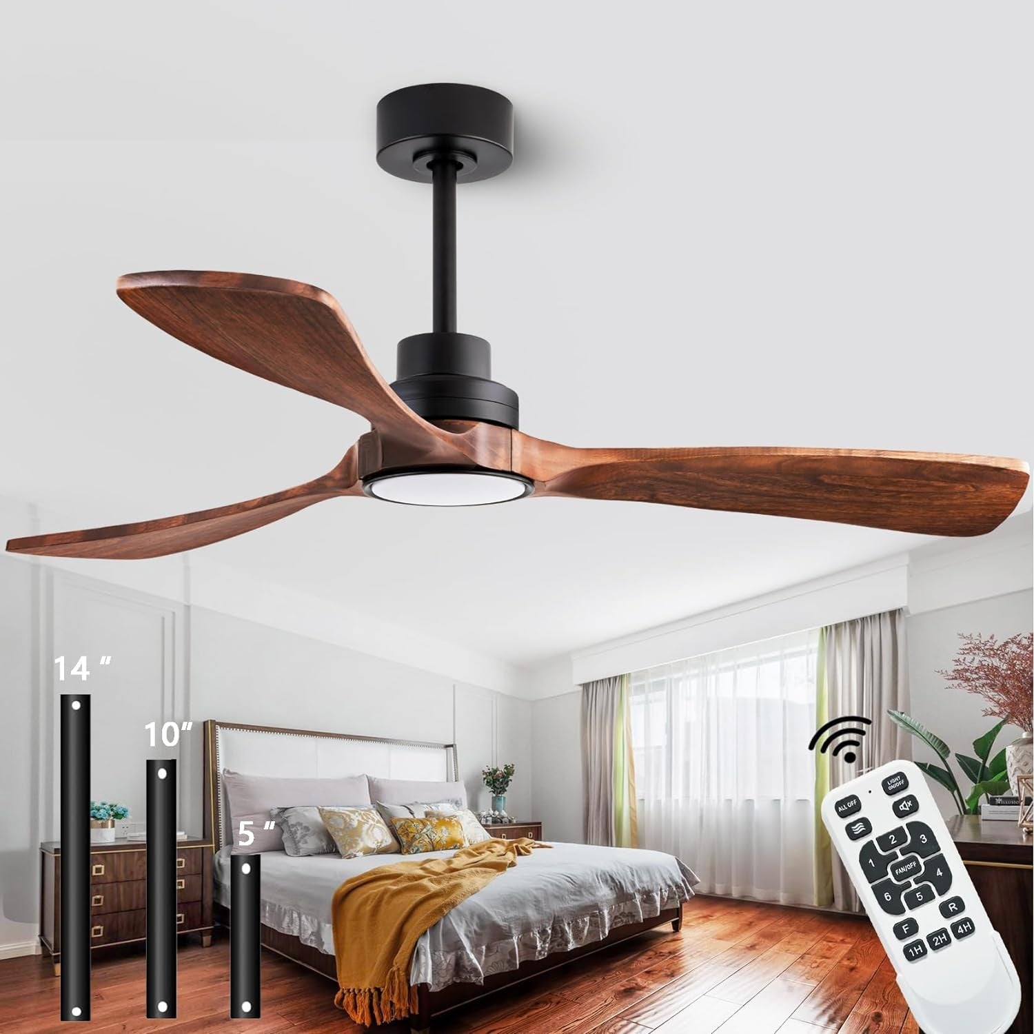52" Wood Ceiling Fan, (With Light with Remote Control) with 3 Solid - Festival Furnish