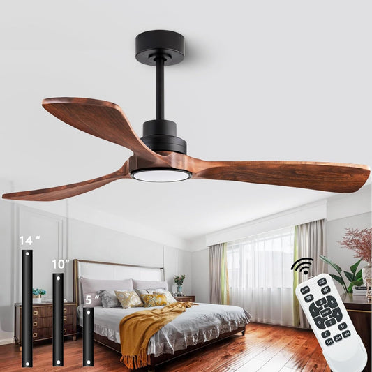 52" Wood Ceiling Fan, (With Light with Remote Control) with 3 Solid - Festival Furnish