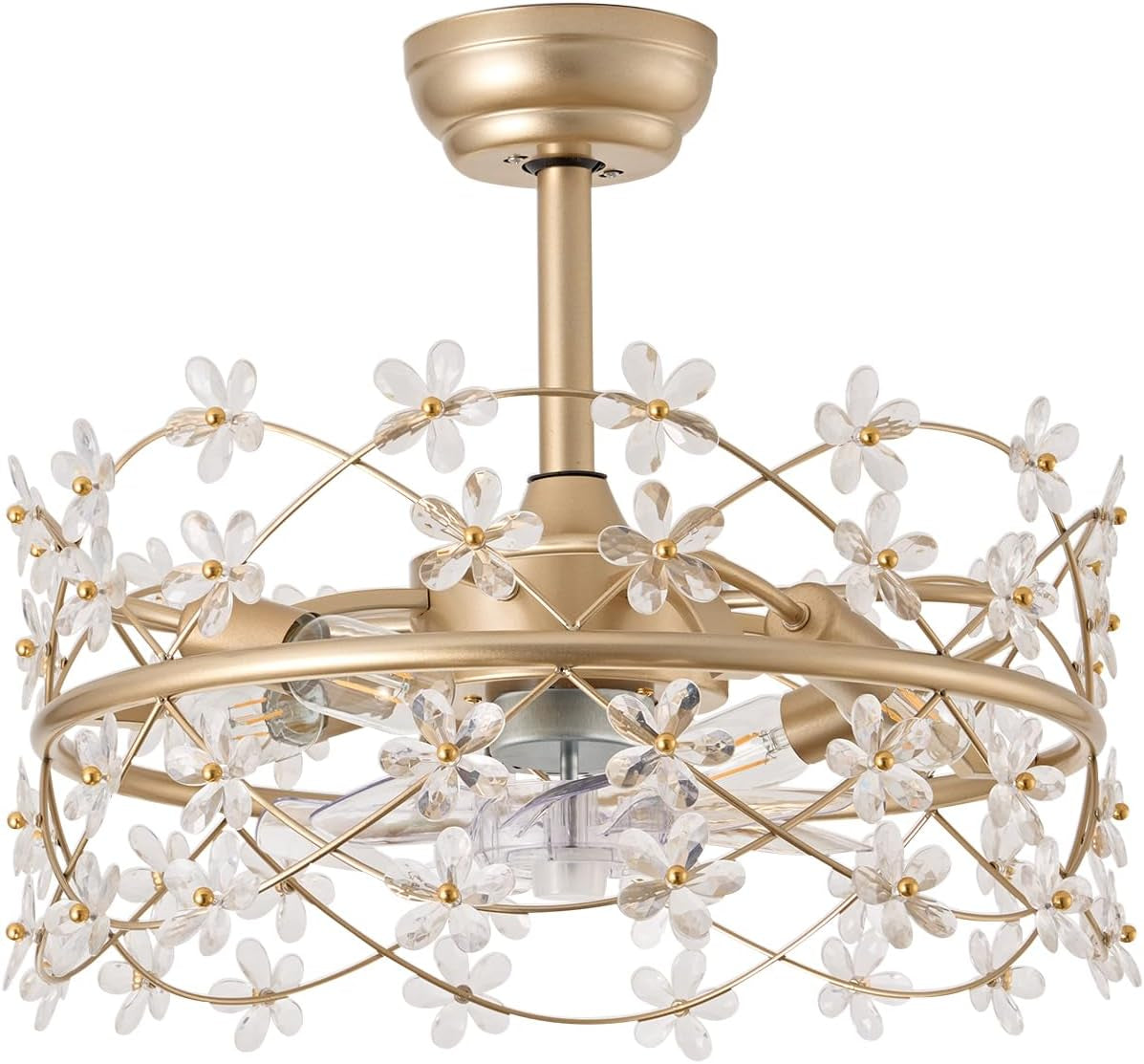 20 Inch Gold Caged Ceiling Fan with Light, Flower Chandelier Ceiling - Festival Furnish