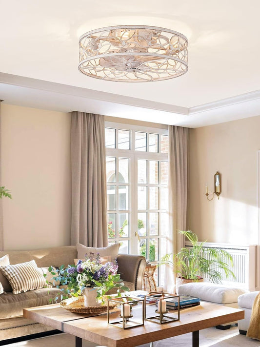 Caged Ceiling Fans with Lights, White Flush Mount Ceiling Fan with - Festival Furnish