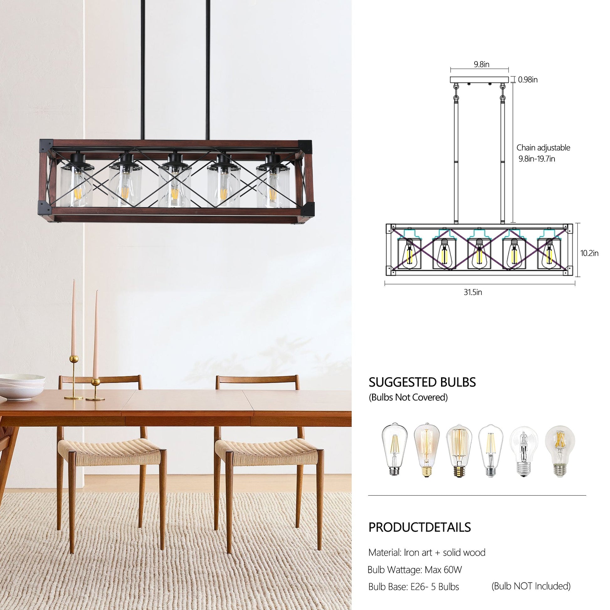 5-Light Retro Farmhouse Chandelier For Kitchen, Living room, Dining - Festival Furnish
