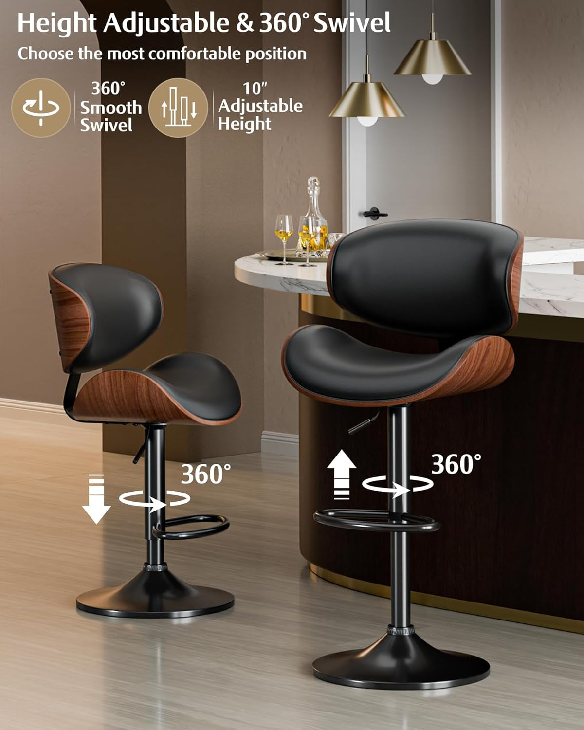 Bar Stools Set of 2, Adjustable Swivel Leather Bar Stools for Kitchen - Festival Furnish