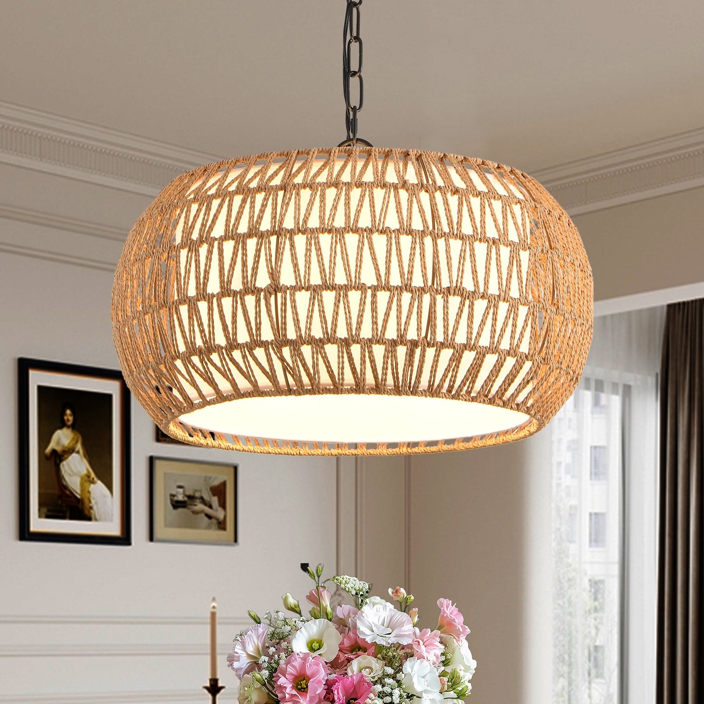 Farmhouse Pendant Light with Adjustable Height, Boho Woven Jute Rope