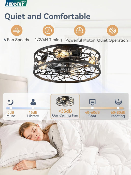 Caged Ceiling Fans with Lights, Black Flush Mount Ceiling Fan with