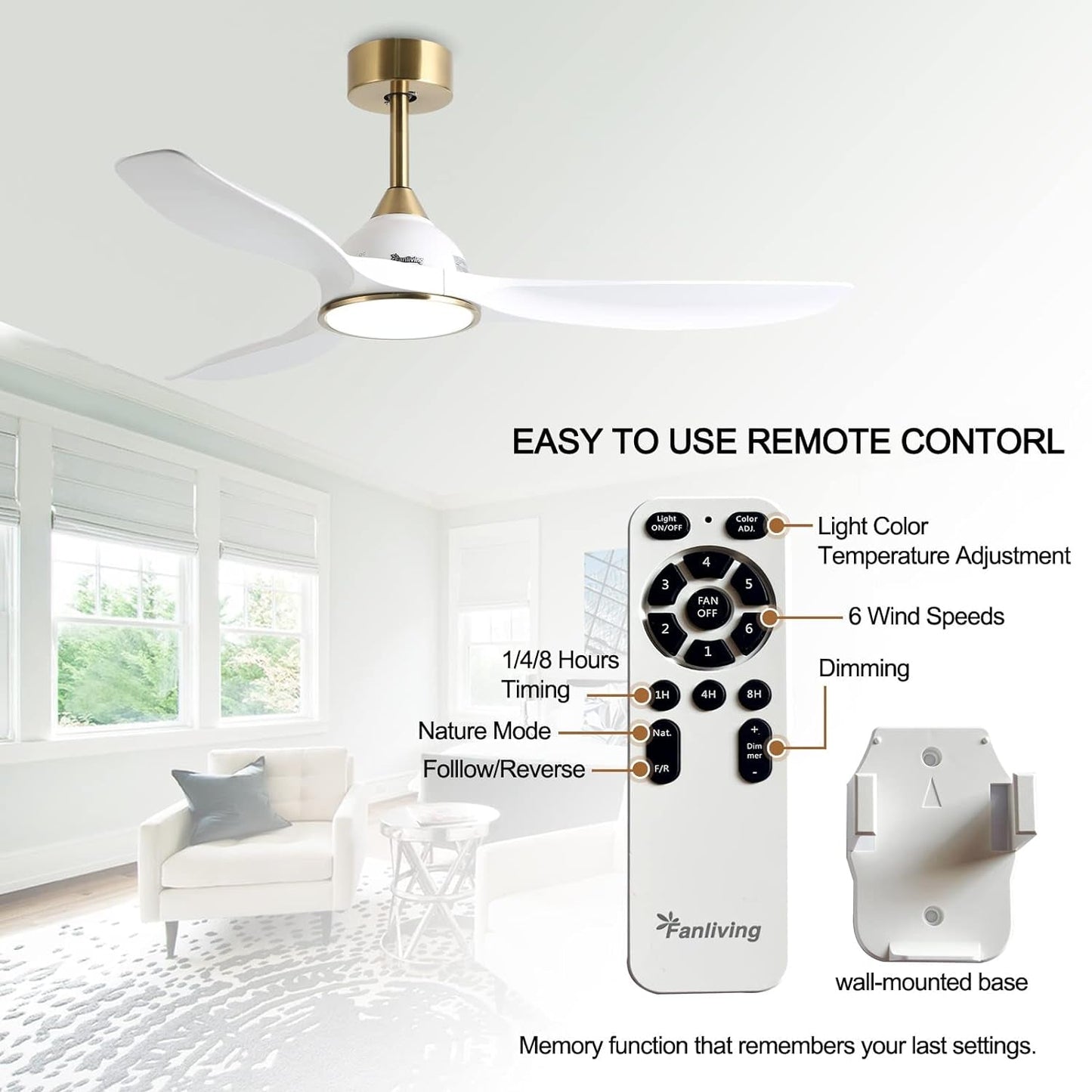 52 Inch 6 Speed High CFM Quiet DC Motor Modern Ceiling Fan with Lights