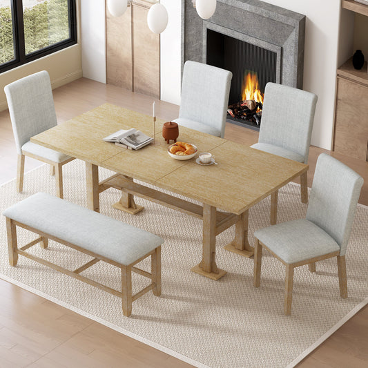 Farmhouse 76inch 6-Piece Extendable Dining Table Set Trestle Kitchen - Festival Furnish