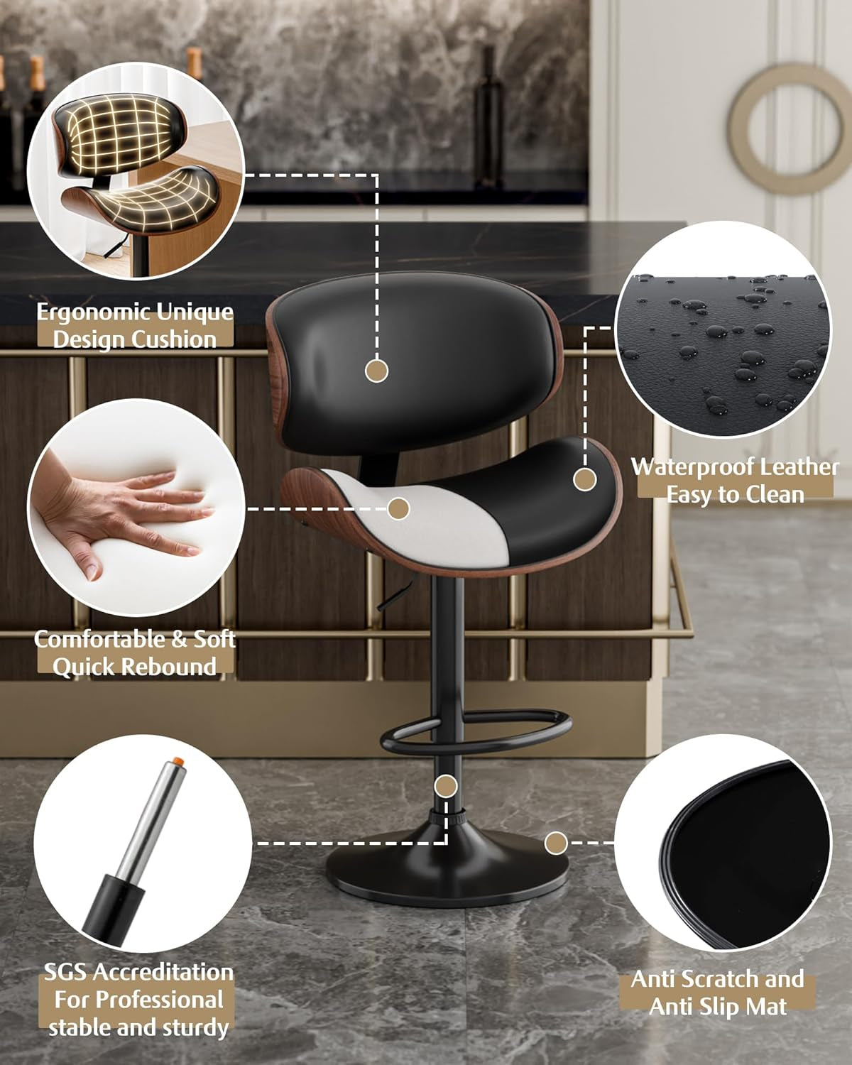 Bar Stools Set of 2, Adjustable Swivel Leather Bar Stools for Kitchen - Festival Furnish