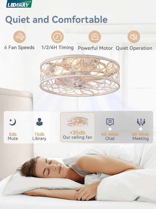 Caged Ceiling Fans with Lights, White Flush Mount Ceiling Fan with - Festival Furnish