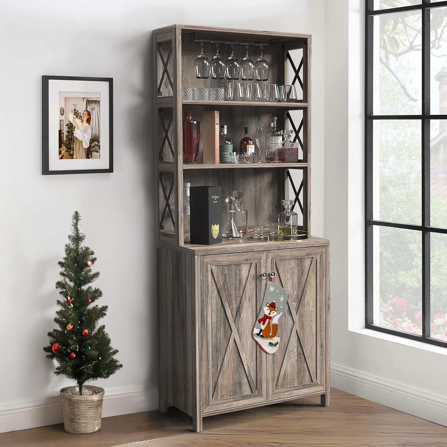 67" Tall Wine Bar Cabinet for Liquor and Glasses, Farmhouse Kitchen - Festival Furnish
