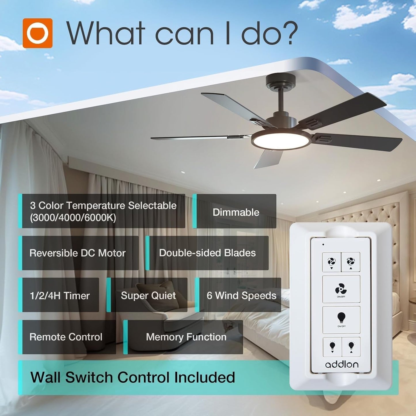 Ceiling Fans with Lights, 52 Inch Black Ceiling Fan with Light and