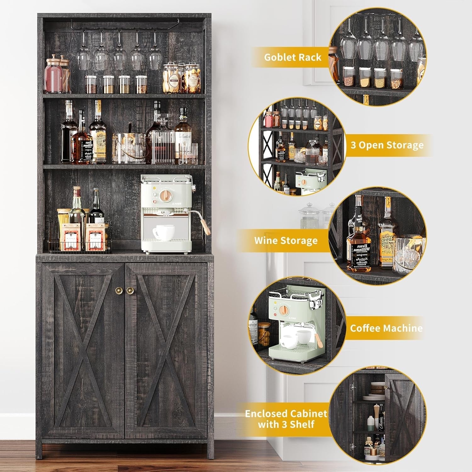 67" Tall Wine Bar Cabinet for Liquor and Glasses, Farmhouse Kitchen - Festival Furnish