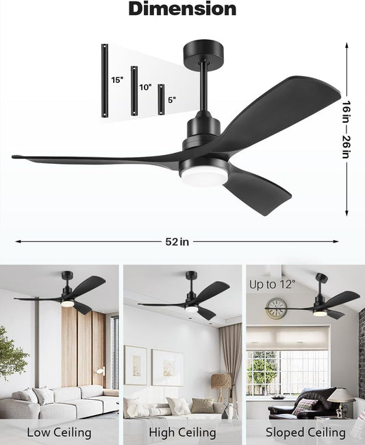 Ceiling Fan with Lights Remote Control, 52 Inch Black Ceiling Fans