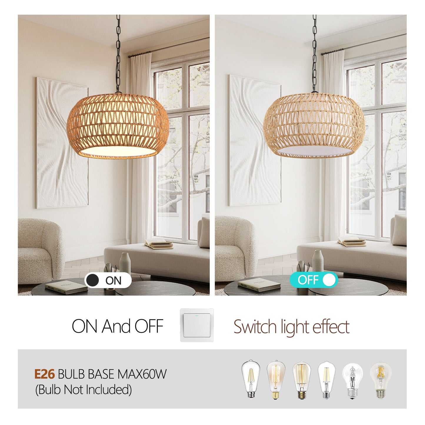 Farmhouse Pendant Light with Adjustable Height, Boho Woven Jute Rope