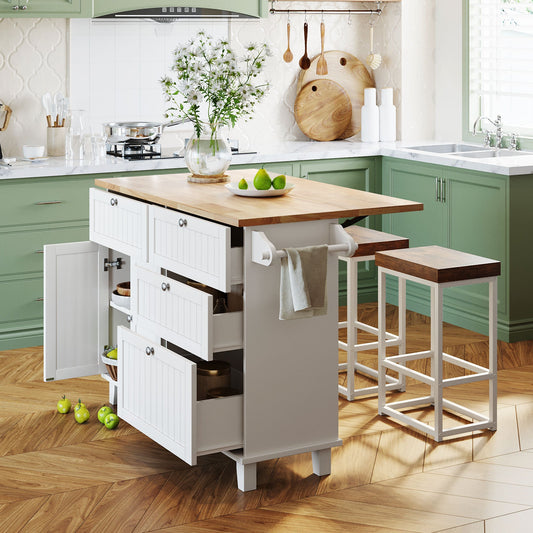 Farmhouse Kitchen Island Set with Drop Leaf and 2 Seatings,Dining - Festival Furnish
