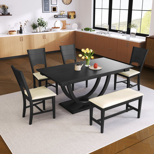 6-Piece Wood Half Round Dining Table Set Kitchen Table Set with Long - Festival Furnish