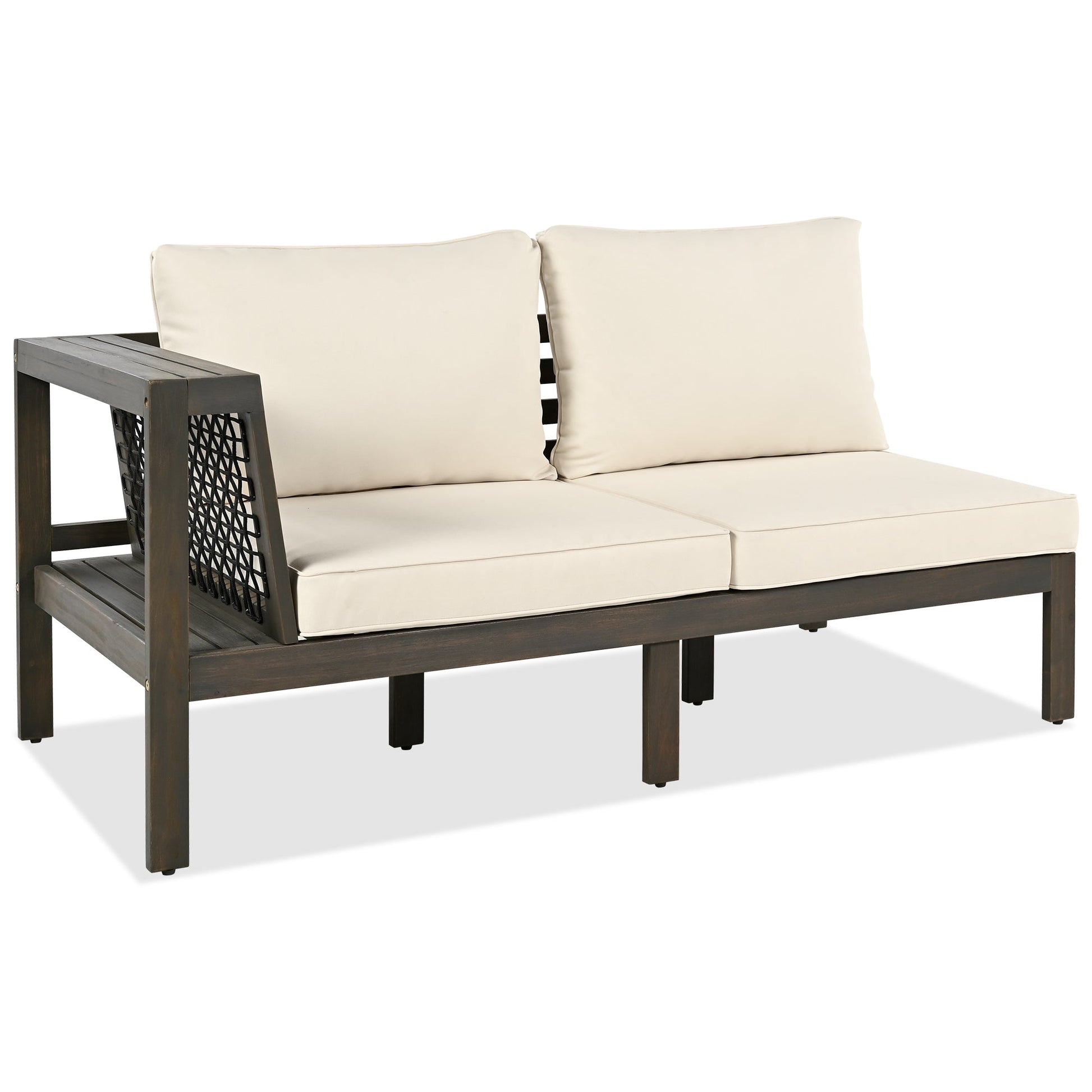 4 Pieces Outdoor Acacia Wood Sofa Set, Woven Mesh Armrests, L-Shaped - Festival Furnish