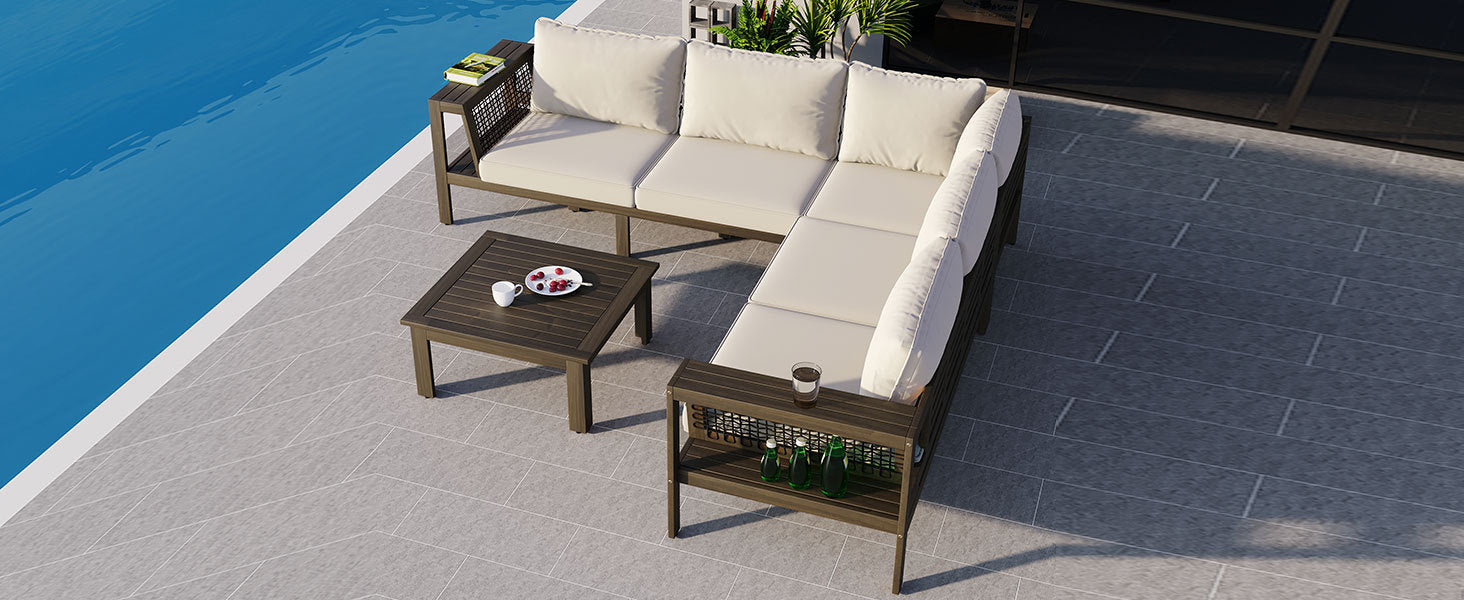 4 Pieces Outdoor Acacia Wood Sofa Set, Woven Mesh Armrests, L-Shaped - Festival Furnish