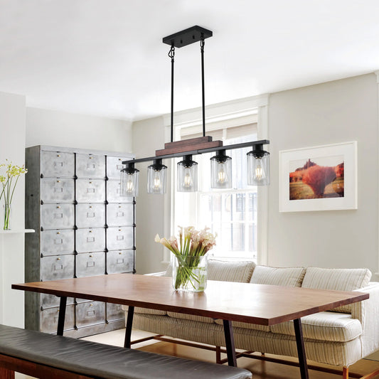 Farmhouse Industrial 5-Light Kitchen Island Pendant Light, Metal Wood - Festival Furnish